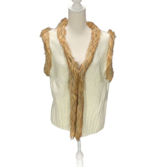 Vintage Currants Cream Knit Vest Sweater Brown Faux Fur Trim Size Large - Picture 1 of 9
